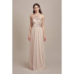 Amsale Women's Sheridan Fawn‎ Gold Halter Sequin Floral Tulle Formal Gown- 10